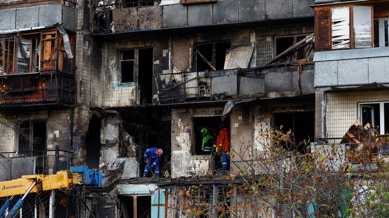 An apartment building damaged during an overnight Russian drone strike on Kyiv. Pic: Reuters