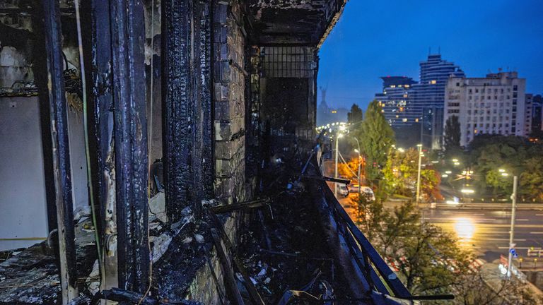 The balcony and bedroom of a Kyiv flat that was hit and caught fire. Reuters