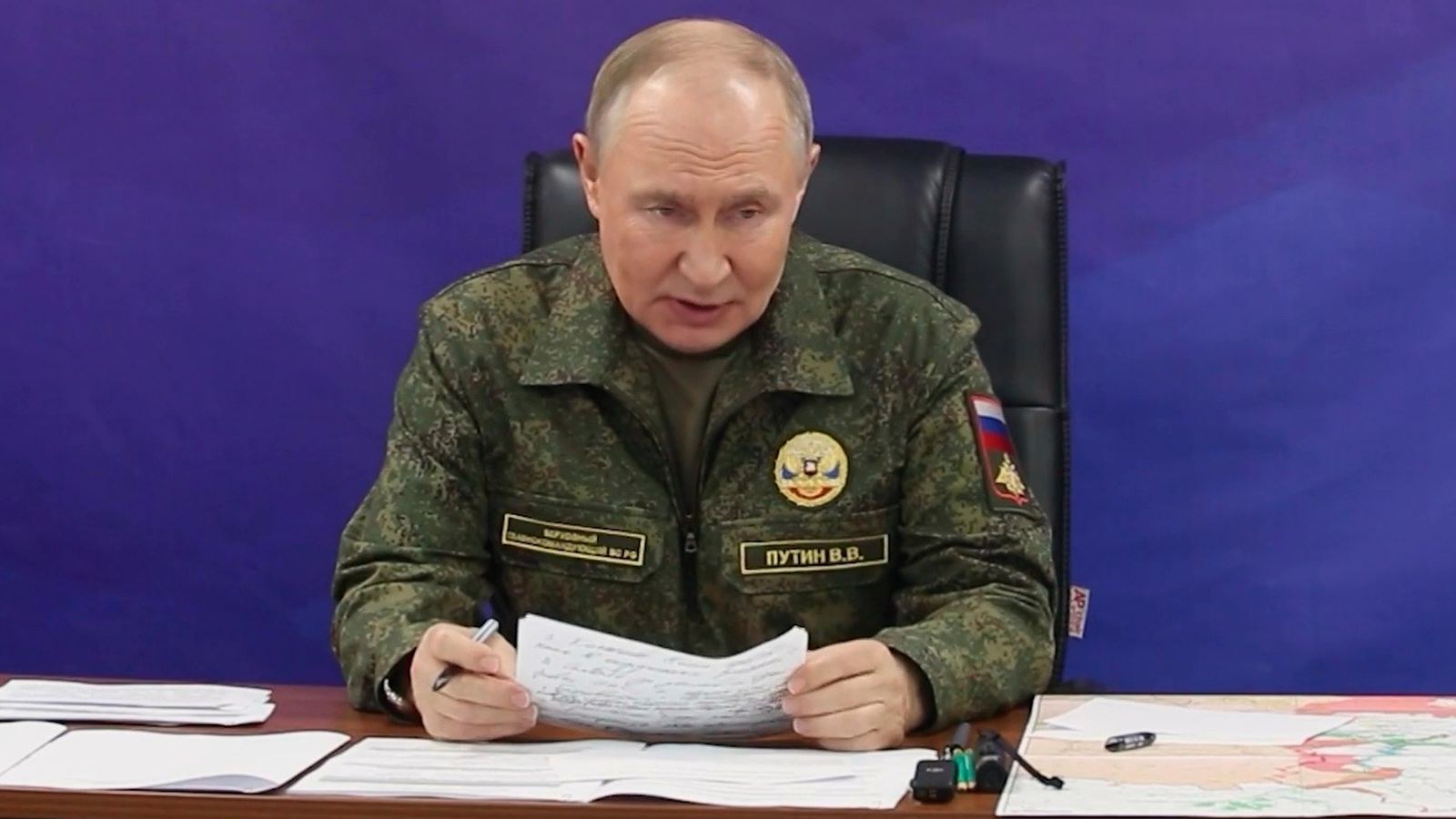 Vladimir Putin at a command meeting point with generals. Pic: Russian Presidential Press Office via AP