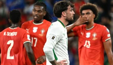 Republic of Ireland's Troy Parrott (centre) looks dejected as Portugal players celebrate