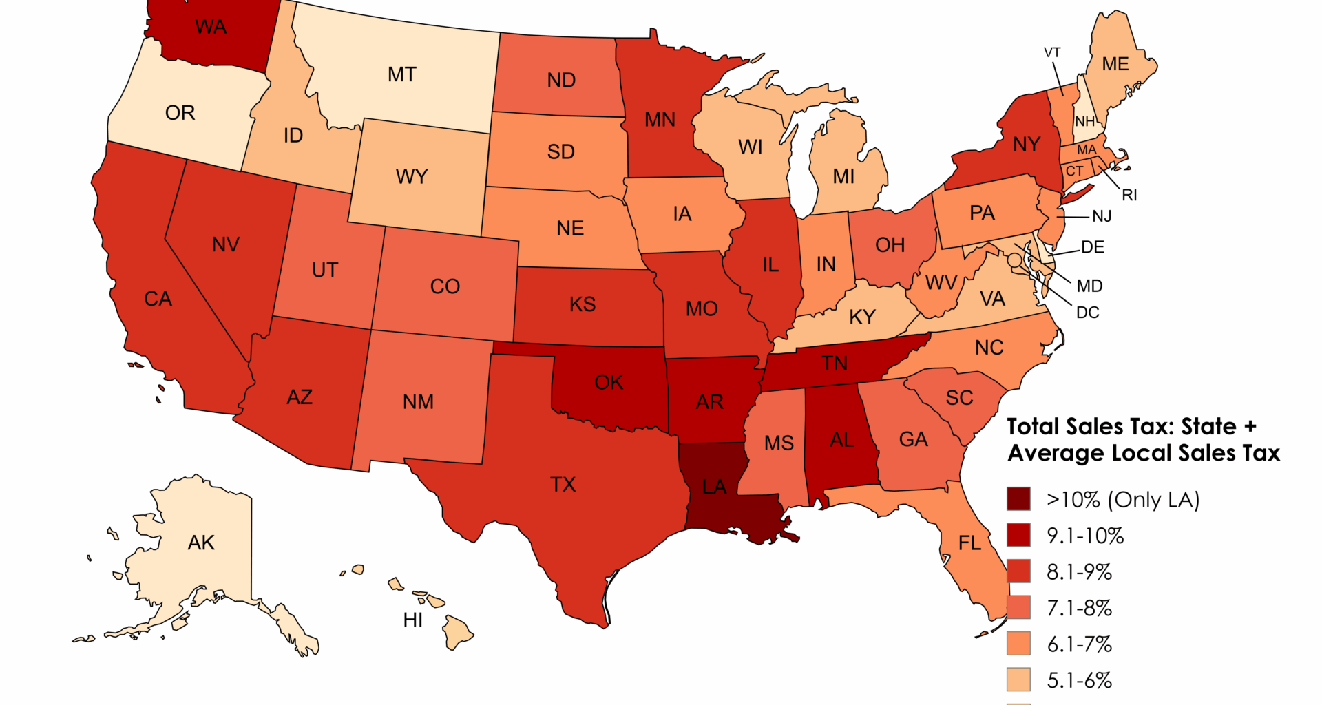 [OC] Total Sales Tax: State + Average Local Sales Tax by U.S. State