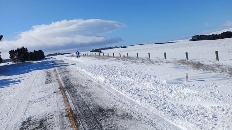 Snow pictured at the closed section of State Highway 87, near Clarks Junction this morning.