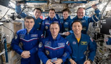 The seven-member Expedition 73 crew gathers for a portrait inside the International Space Station's Kibo laboratory module. In the front row from left are, Roscosmos cosmonauts Alexey Zubritsky and Sergey Ryzhikov, station Flight Engineer and Commander respectively, and NASA Flight Engineer Jonny Kim. In the back row are, Flight Engineers Kimiya Yui of JAXA (Japan Aerospace Exploration Agency) Oleg Platonov of Roscosmos, and Zena Cardman and Mike Fincke, both from NASA.