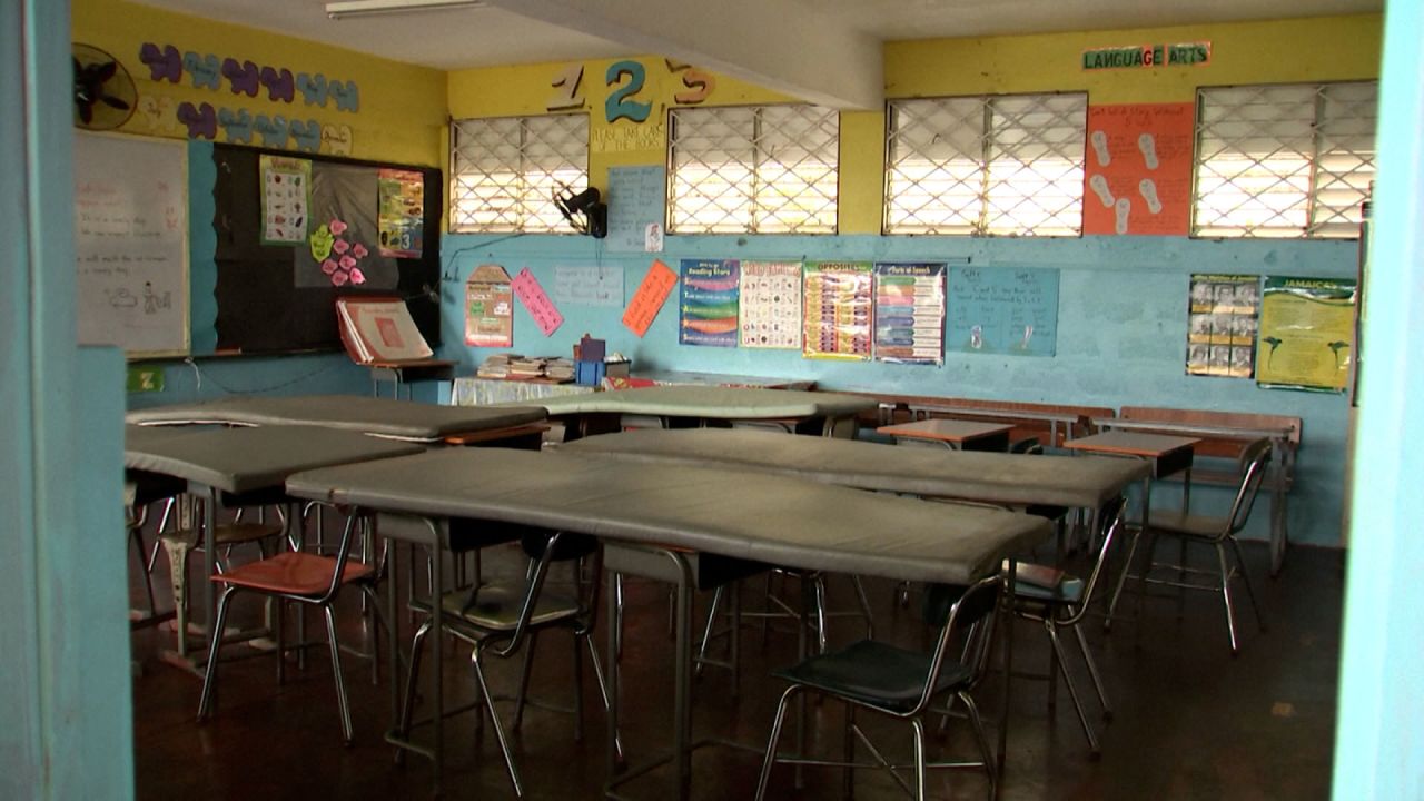 Mats are laid across desks in a classroom at Glendevon Primary school in Montego Bay, Jamaica, on Monday, October 27, 2025.