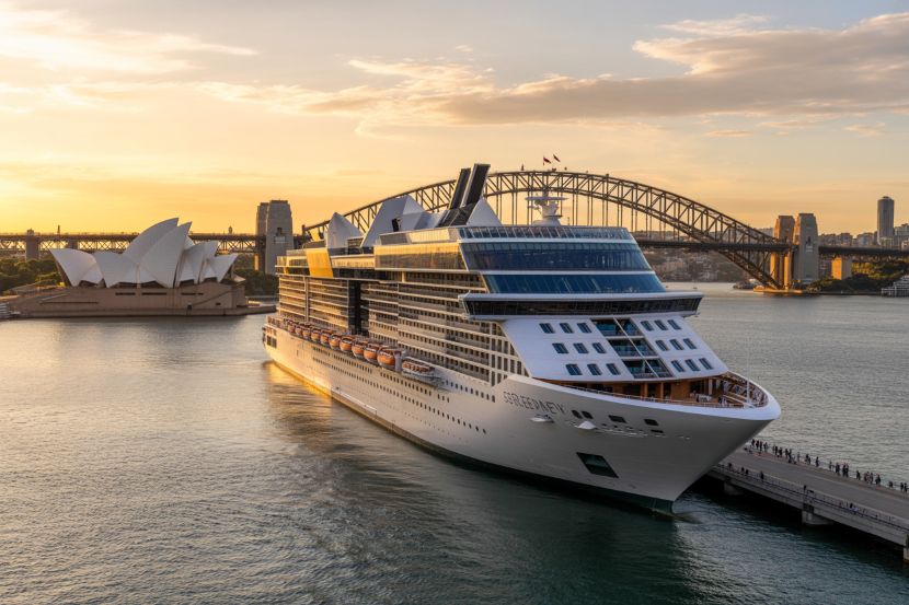 Celebrity edge docked in sydney harbour with iconic landmarks in the backdrop.