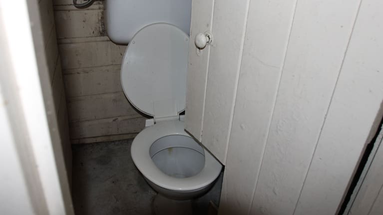The Belvedere Hall is not without its quirks. The bathroom door is cut to prevent it colliding with the toilet. (Source: LDR / Emily Ireland)