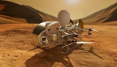 A small spacecraft is pictured on an orange, desert-like planet