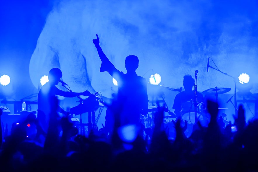 Silhouettes of musicians performing on stage under blue lights with a cheering crowd in front.