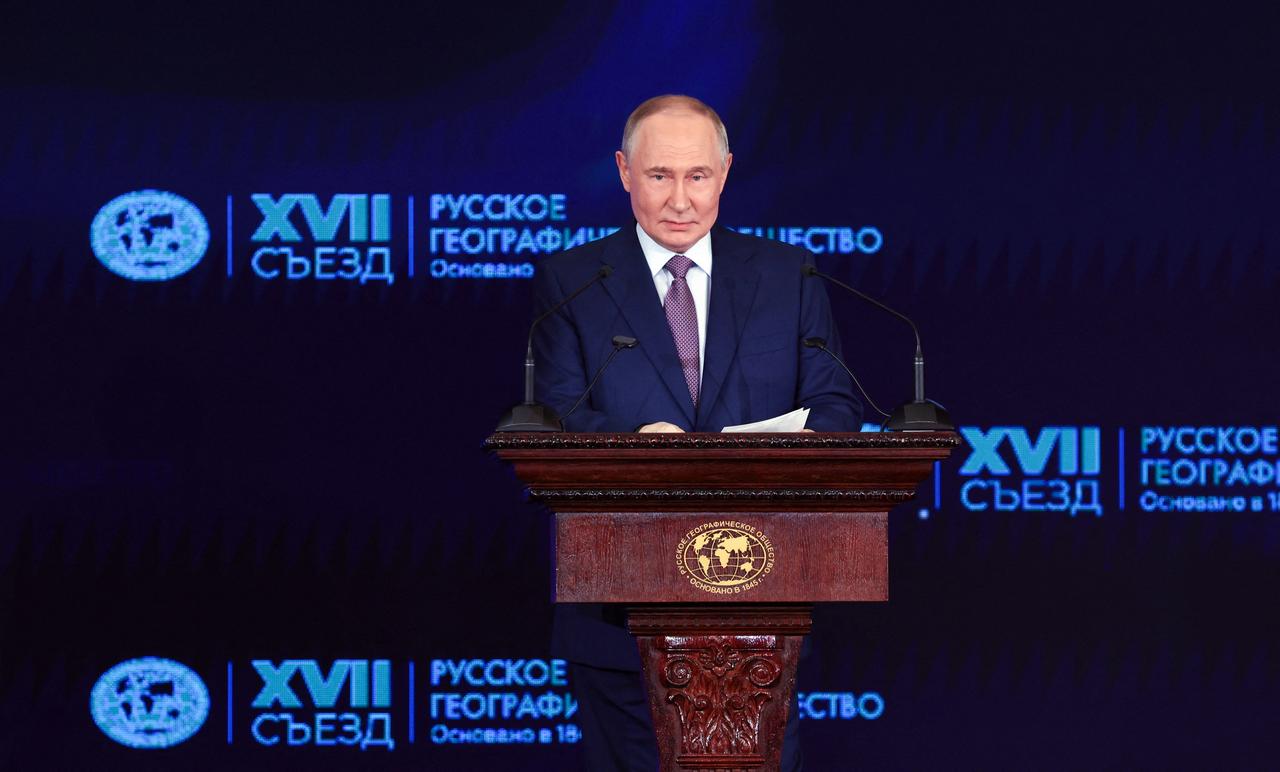 Russia's President Vladimir Putin gives a speech at a meeting of the Russian Geographical Society in Moscow, Oct. 23, 2025. (AFP Photo)