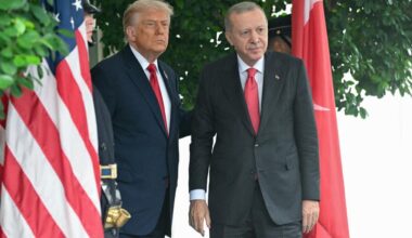 US President Donald Trump greets President Recep Tayyip Erdogan as Erdogan arrives at the White House in Washington, DC, Sept. 25, 2025. (AFP Photo)