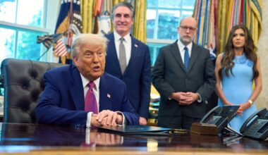 President Donald Trump speaks with reporters in the Oval Office of the the White House, Tuesday, June 10, 2025, in Washington, as from left, Interior Secretary Doug Burgum, Office of Management and Budget Director Russell Vought, and Homeland Security Secretary Kristi Noem, listen. (AP Photo/Evan Vucci)
