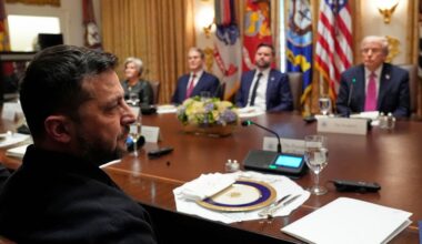 Ukraine's President Volodymyr Zelenskyy, left, speaks before a lunch with President Donald Trump, from right, Vice President JD Vance, Treasury Secretary Scott Bessent and White House Chief of Staff Susie Wiles in the Cabinet Room of the White House, Friday, Oct. 17, 2025, in Washington. (AP Photo/Alex Brandon)