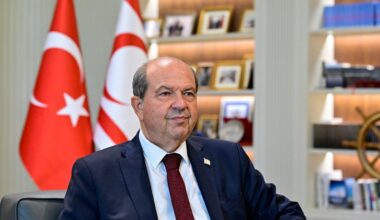 Turkish Republic of Northern Cyprus (TRNC) President Ersin Tatar speaking to the press at the TRNC Presidential Complex on Oct. 2, 2025. (AA Photo)