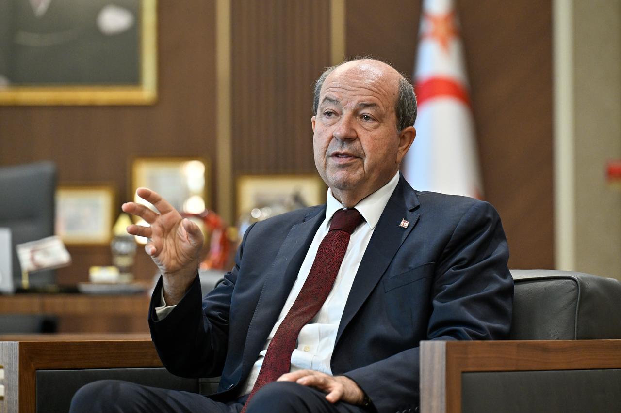 Turkish Republic of Northern Cyprus (TRNC) President Ersin Tatar speaking to the press at the TRNC Presidential Complex on Oct. 2, 2025. (AA Photo)