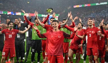 Turkish players celebrate after beating Georgia 3-1 in their EURO 2024 Group F opener in Dortmund, Germany, June 18, 2024. (AA Photo)