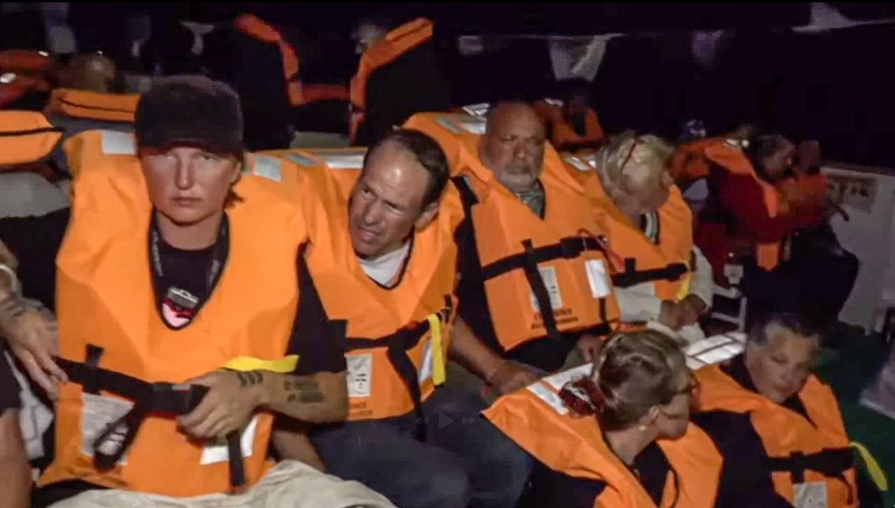 A screen grab shows various of activists on board wearing life jackets as the Israeli Navy attacked three ships of the Gaza-bound Freedom Flotilla Coalition (FFC) on Oct. 8, 2025. (Photo via Freedom Flotilla Coalition)