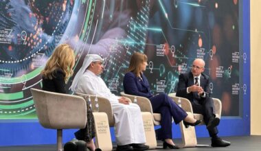 Turkish Treasury and Finance Minister Mehmet Simsek (R) speaks during a panel at the 9th Future Investment Initiative (FII) held in Riyadh, the capital of Saudi Arabia, October 28, 2025. (AA Photo)