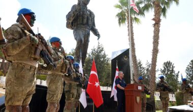 Ministry of National Defense (MoD) Press and Public Relations Counselor and Ministry Spokesperson Rear Admiral Zeki Akturk speaking in Turkish Cyprus, Oct. 2, 2025. (AA Photo)