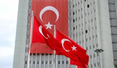 Turkish National Flags hanging over the Foreign Ministry Building in Ankara, Türkiye at an undated time, accessed on March 30, 2025. (Adobe Stock Photo)