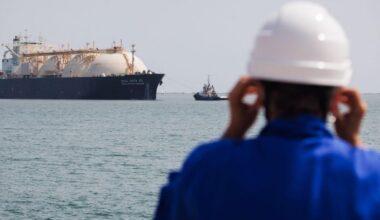 This picture shows a worker standing on the uploading dock of Cavaou LNG (Liquefied Natural Gas) terminal in Fos-sur-Mer, June 22, 2023. (AFP Photo)