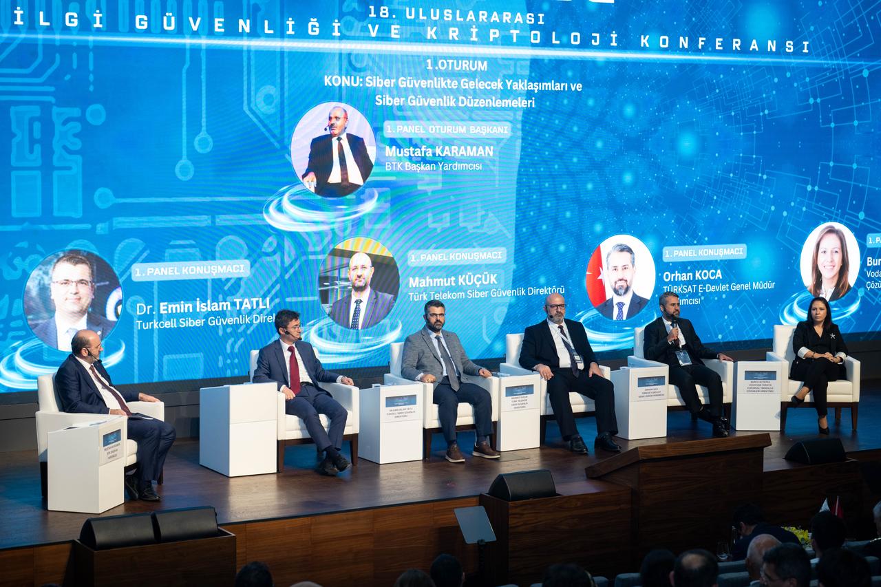 Speakers take part in the “Cybersecurity Future Approaches and Regulations” session at the 18th International Information Security and Cryptology Conference held at BTK headquarters in Ankara, Türkiye, Oct. 22, 2025. (AA Photo)