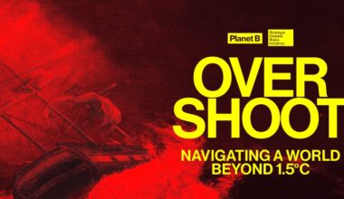 Yellow writing that says Overshoot: navigating a world beyond 1.5C. The background is red and shows a sailing ship in a storm