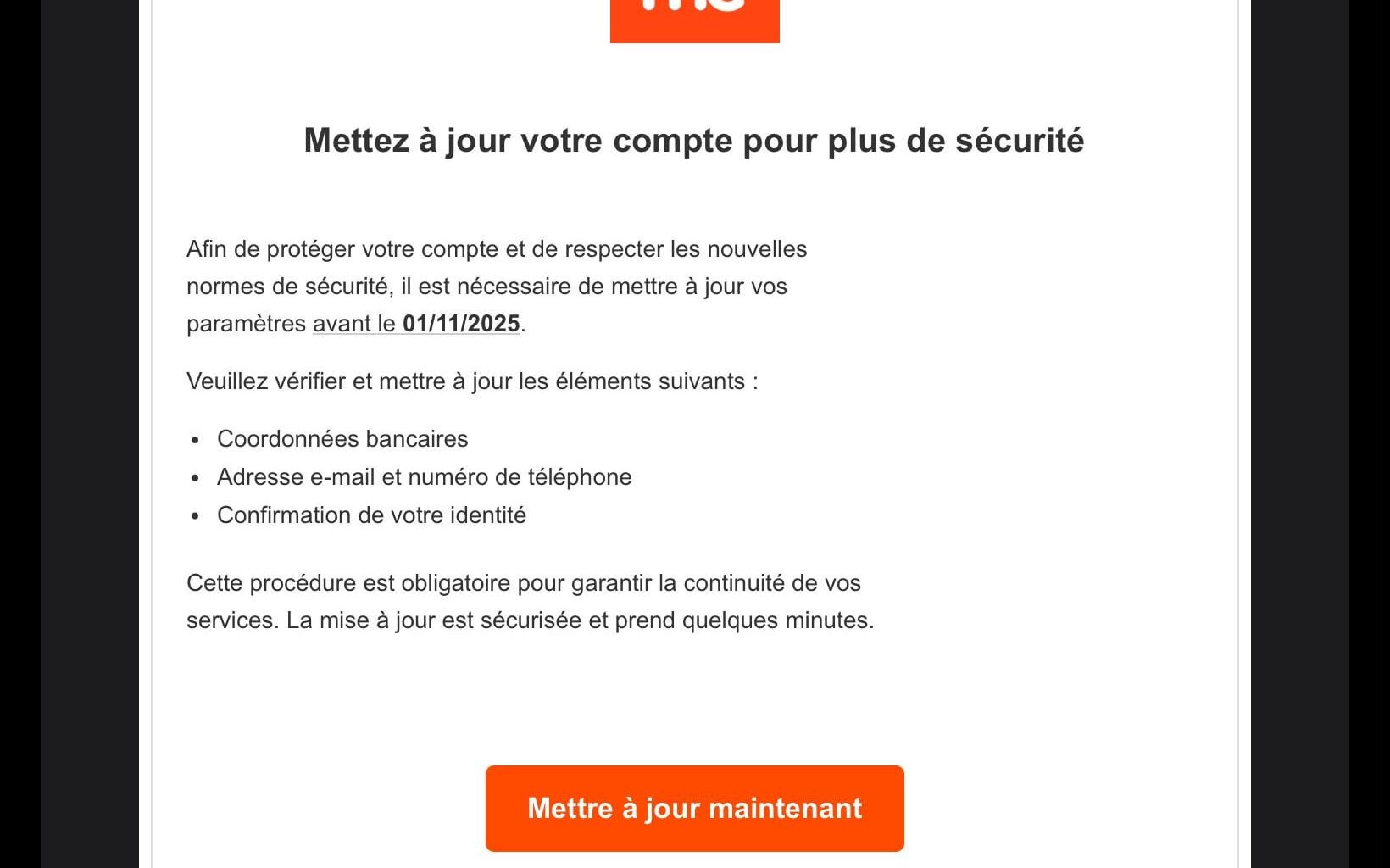 There’s a fake itsme update email going around. Do not click on the link inside. It’s a scam. You can tell by checking the sender’s email. It’s unrelated nonsense. (scle@comptabilitelasalle.ca in my case).
