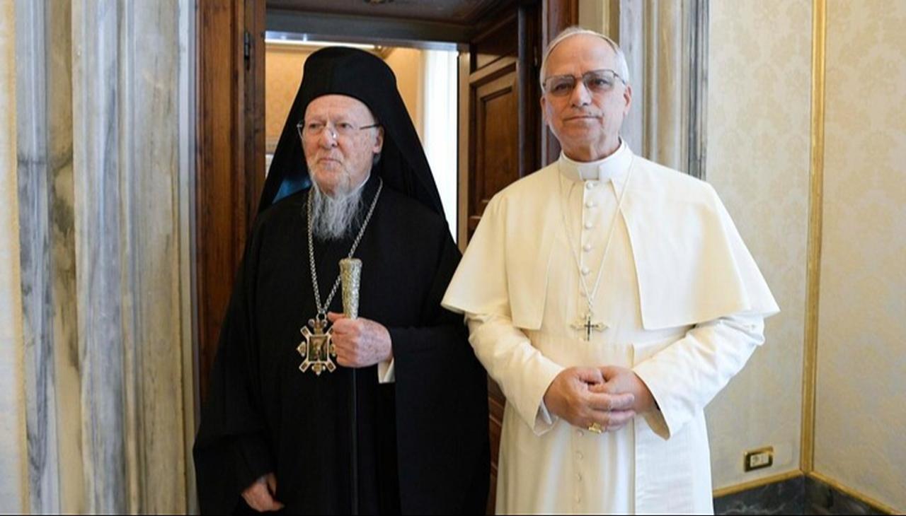Patriarch Bartholomew I and Pope Leo XIV. (Photo via Holy See Press Office)