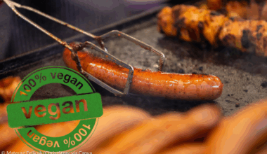 Würstchen auf dem Grill und Siegel vegan