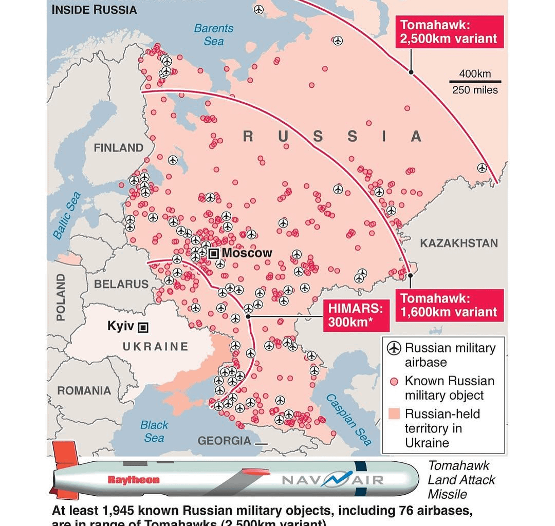 Potential Tomahawk targets in Russia.

If the U.S. sends Tomahawk cruise missiles to Ukraine, nearly 2,000 Russian military sites — including 76 airbases — could fall within range.

Source: ISW