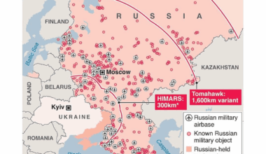 Potential Tomahawk targets in Russia.

If the U.S. sends Tomahawk cruise missiles to Ukraine, nearly 2,000 Russian military sites — including 76 airbases — could fall within range.

Source: ISW