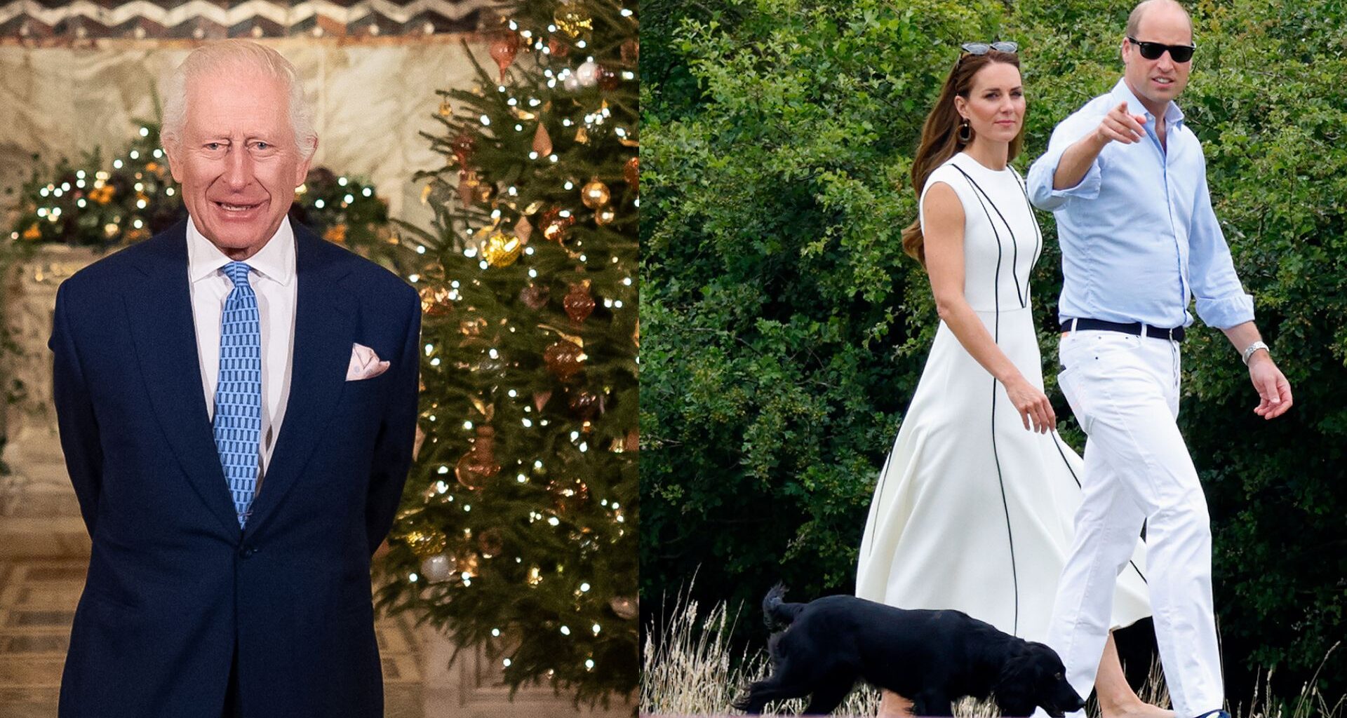 King Charles standing in front of a Christmas tree in a blue suit and tie; Prince William, wearing a blue shirt and white trousers, and Kate Middleton, wearing a white dress, walking their dog in front of a tree