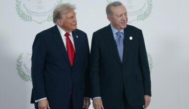 President Recep Tayyip Erdogan (R) and US President Donald Trump (L) greet each other ahead of the Sharm El-Sheikh Peace Summit in Sharm El-Sheikh, Egypt on Oct. 13, 2025. (AA Photo)
