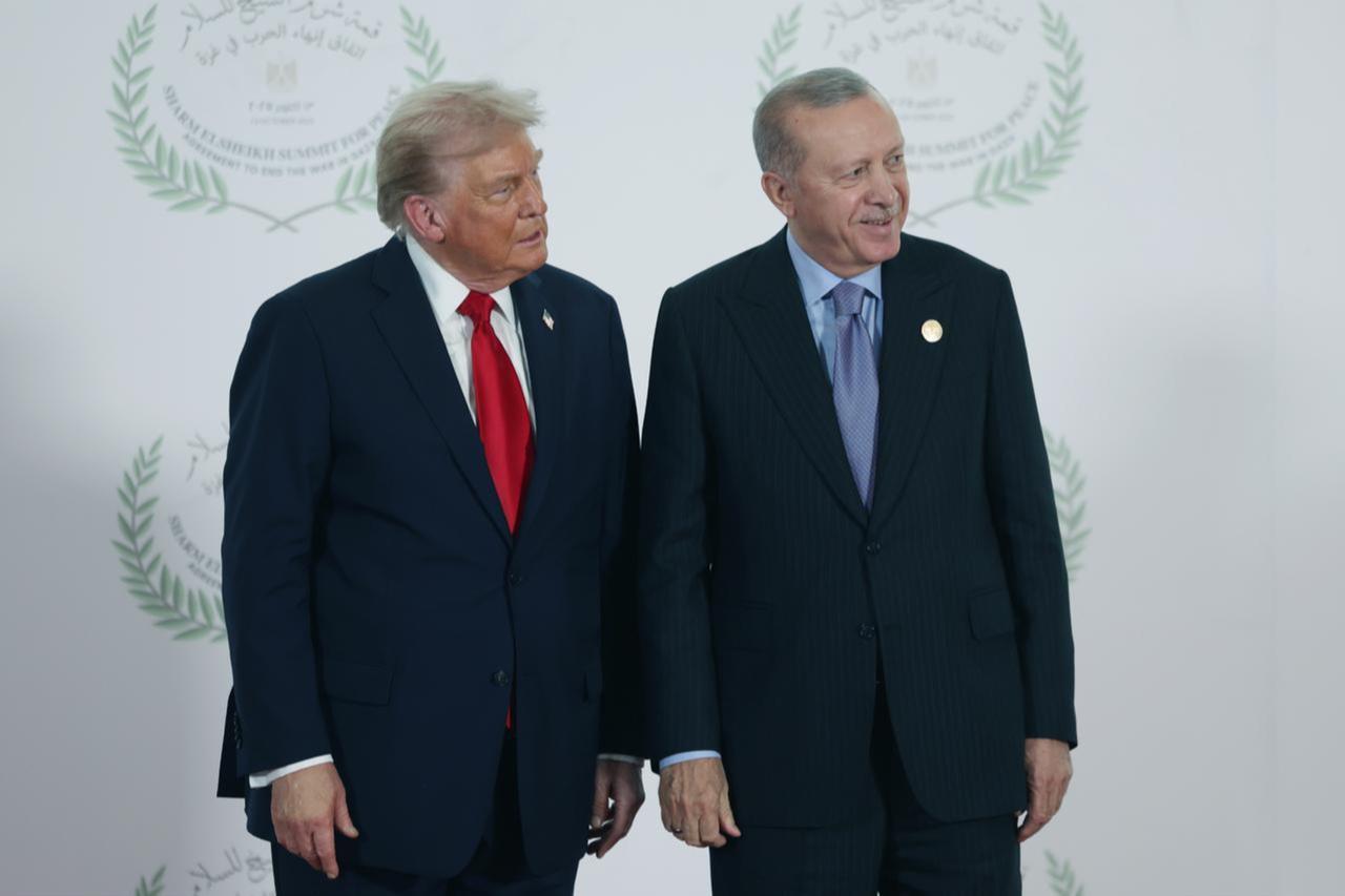 President Recep Tayyip Erdogan (R) and US President Donald Trump (L) greet each other ahead of the Sharm El-Sheikh Peace Summit in Sharm El-Sheikh, Egypt on Oct. 13, 2025. (AA Photo)