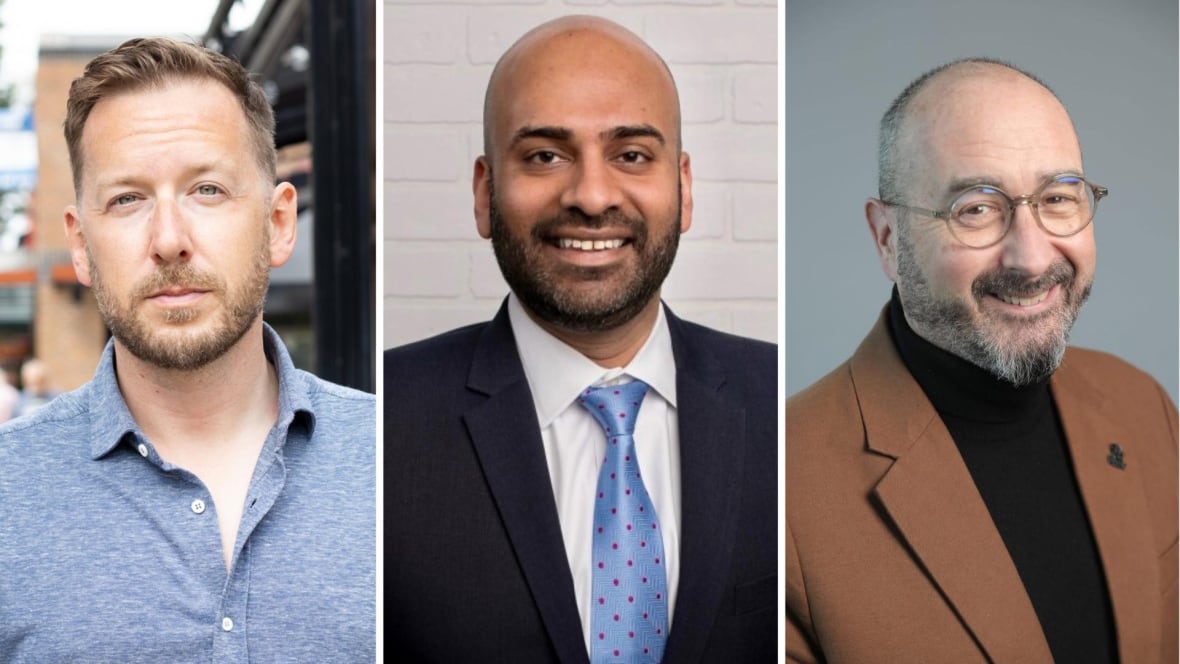 A photo composite of headshots of three men smiling at the camera. 