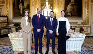 The Prince and Princess of Wales today with The Crown Prince of Jordan, Al Hussein bin Abdullah II, and his wife Princess Rajwa Al Hussein