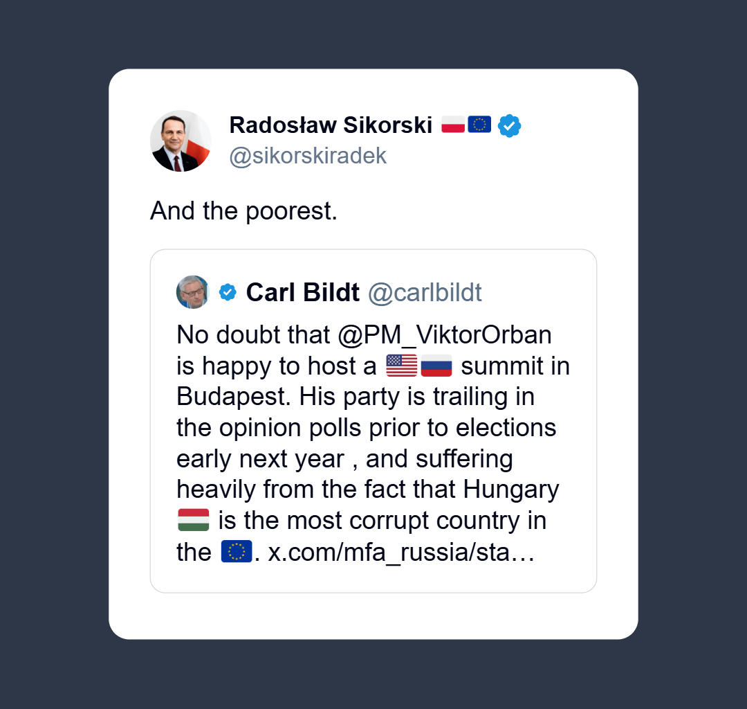 Foreign minister of Poland mocking Hungary for being the poorest in the EU.