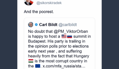 Foreign minister of Poland mocking Hungary for being the poorest in the EU.