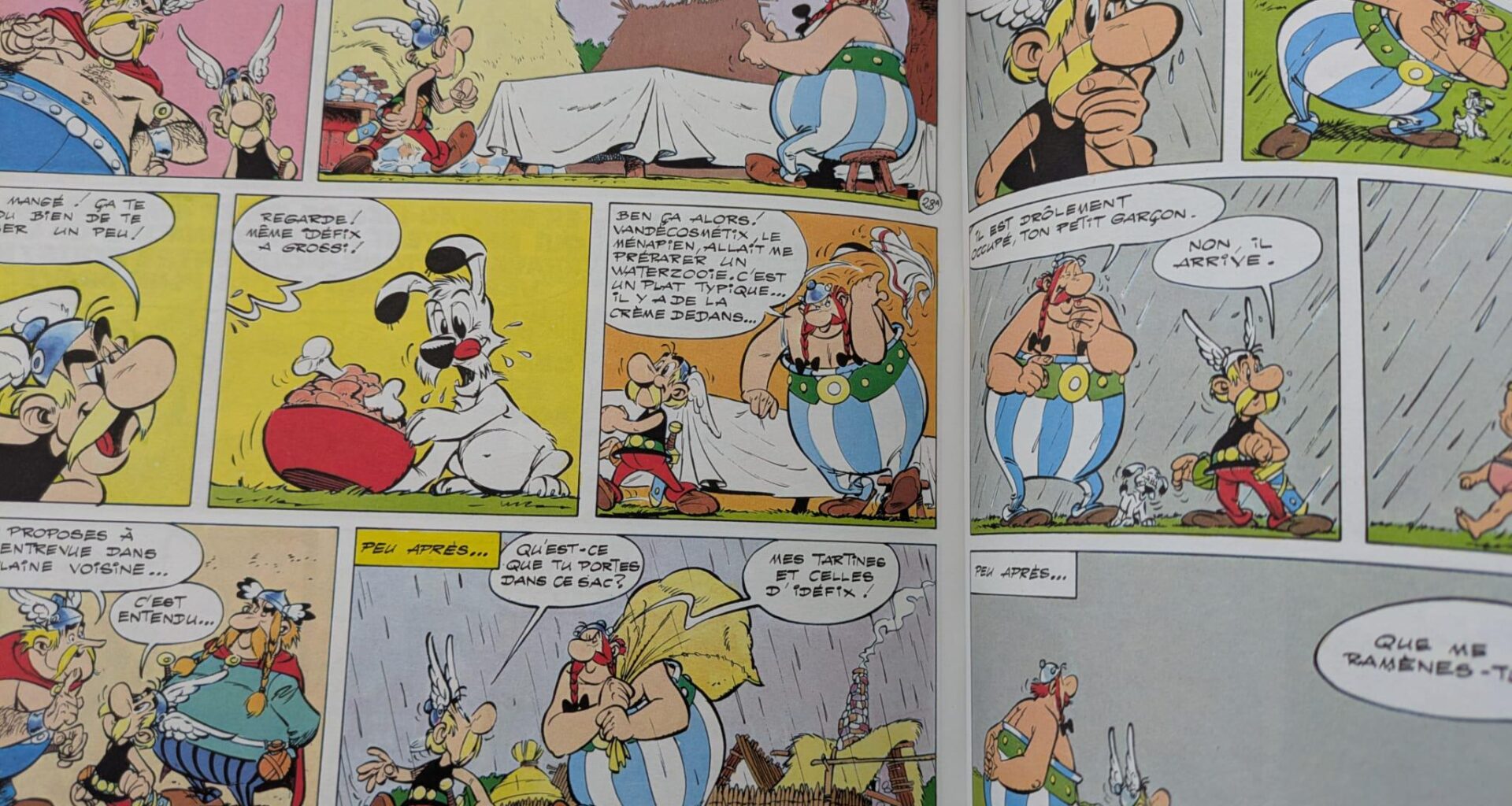 TIL Goscinny's death occurred part-way through the writing of "Astérix chez les Belges" / "Asterix en de Belgen". Uderzo drew the last panel on page 32 and all but the last panel on page 33 with grey skies and rain to mark the point Goscinny died.