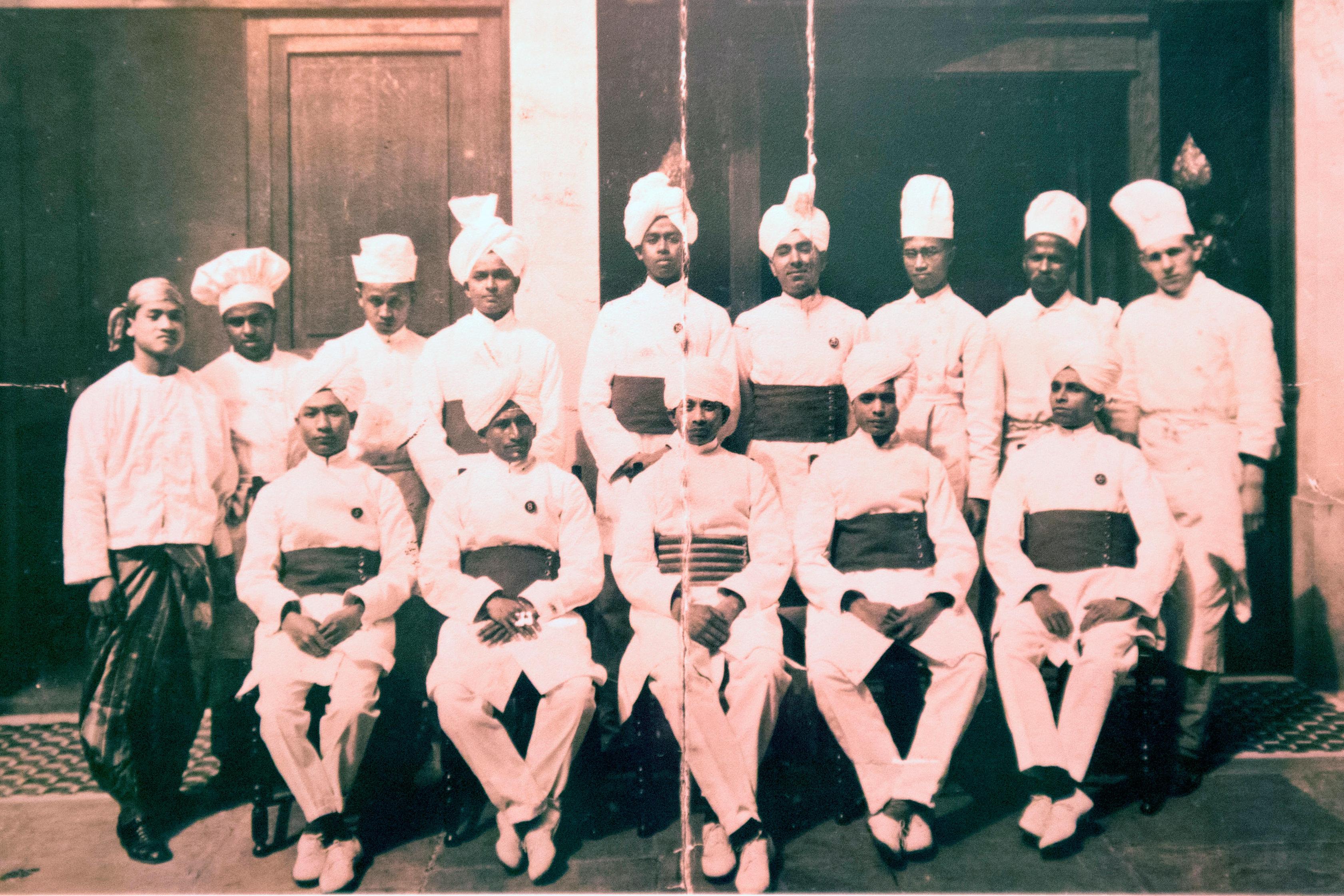 Butlers and kitchen staff of the Veeraswamy Restaurant in 1927.