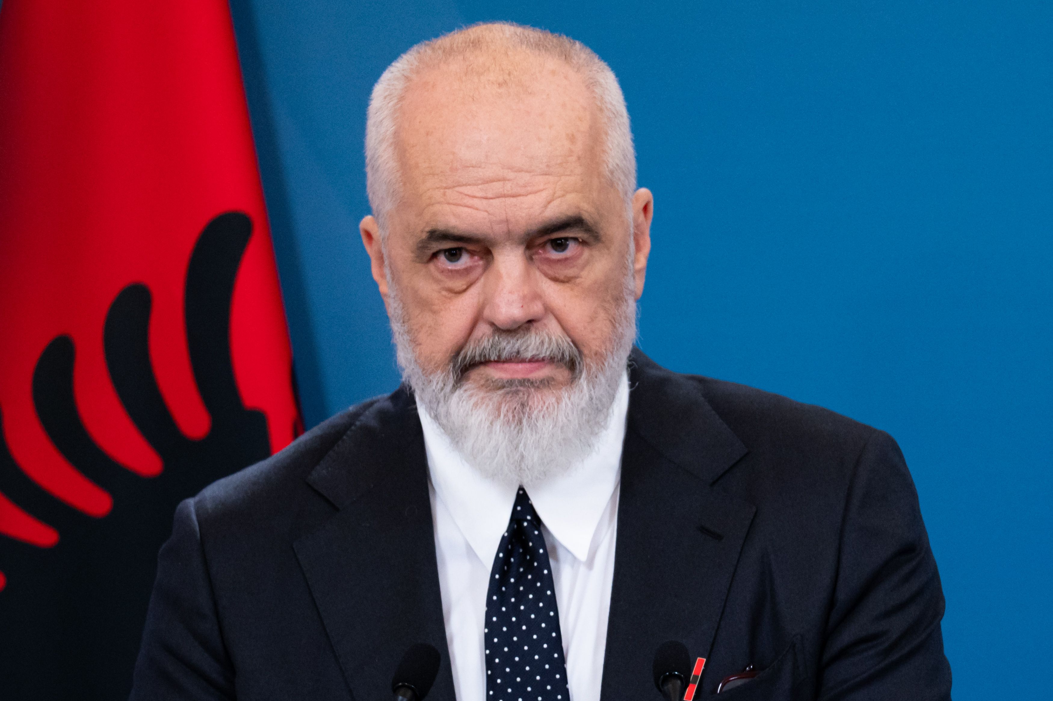 Albania's Prime Minister Edi Rama at a press conference.