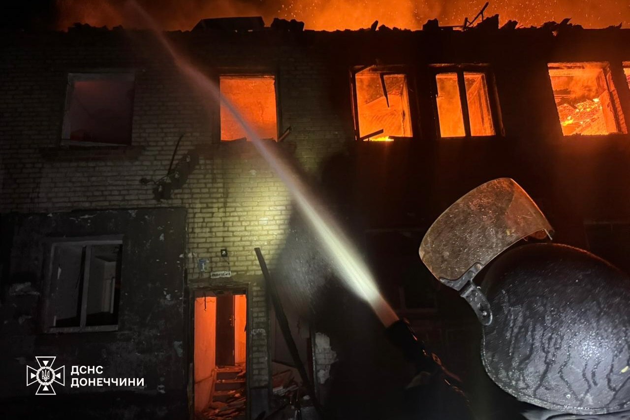 Firefighters extinguish a fire in a residential building in Dobropillia, Donetsk Oblast, Ukraine.