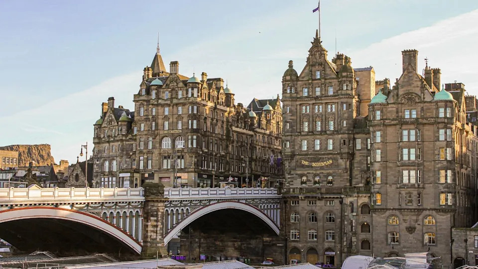 EDINBURGH, SCOTLAND - Nov 18, 2012: Views of the North Bridge and the Old Town from Waverley Station