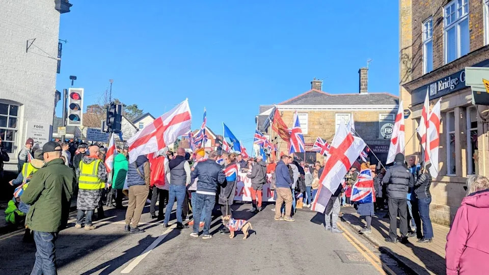 A crowd of people holding flags and signs. 