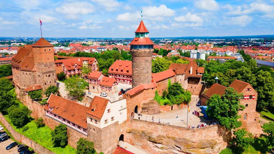Nuremberg Castle aerial panoramic view. Castle located in the historical center of Nuremberg city in Bavaria, Germany.