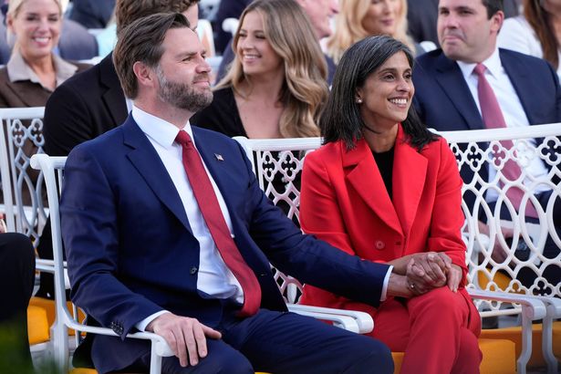 JD Vance and his wife Usha Vance, are seated before President Donald Trump arrives to present the Presidential Medal of Freedom for Charlie Kirk to his widow Erika Kirk in the Rose Garden of the White House, Tuesday, Oct. 14, 2025