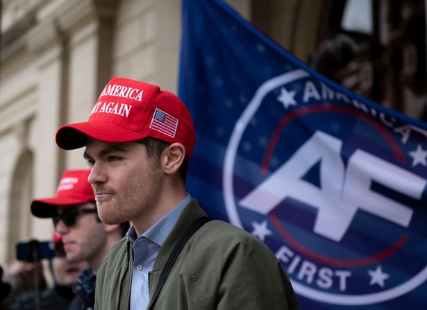 Nick Fuentes, far right activist, holds a rally at the Lansing Capitol, in Lansing, Mich., Wednesday, Nov. 11, 2020. 