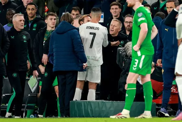 Cristiano Ronaldo speaks to Ireland manager Heimir Hallgrímsson after being sent off