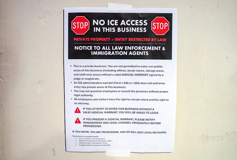 Seth Herald/Reuters - PHOTO: A sign stating no access to (ICE) is displayed inside a business amid reports that the U.S. Department of Homeland Security is planning to deploy about 250 federal border agents to Louisiana in the coming days, in New Orleans, Nov. 28, 2025.