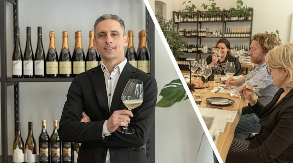 Wine Tasting Vienna founder Stylianos Stavridis and a photo from a tasting event